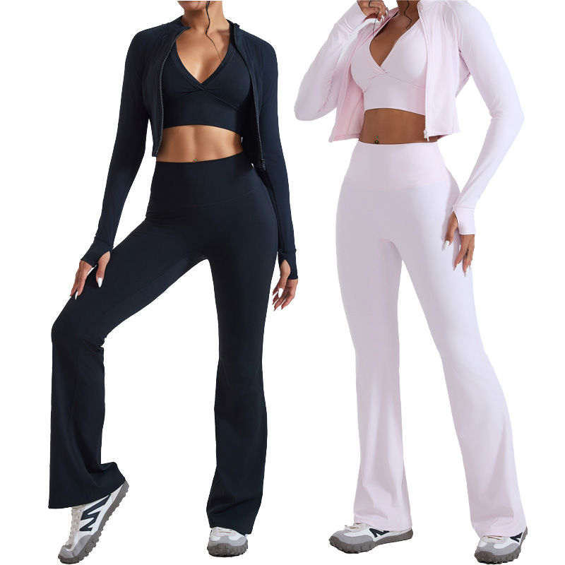 3-Piece Women's Active Wear Yoga Fitness Set High for Bra Flared Pants & Jacket Solid Front Logo Quick Dry Sportswear