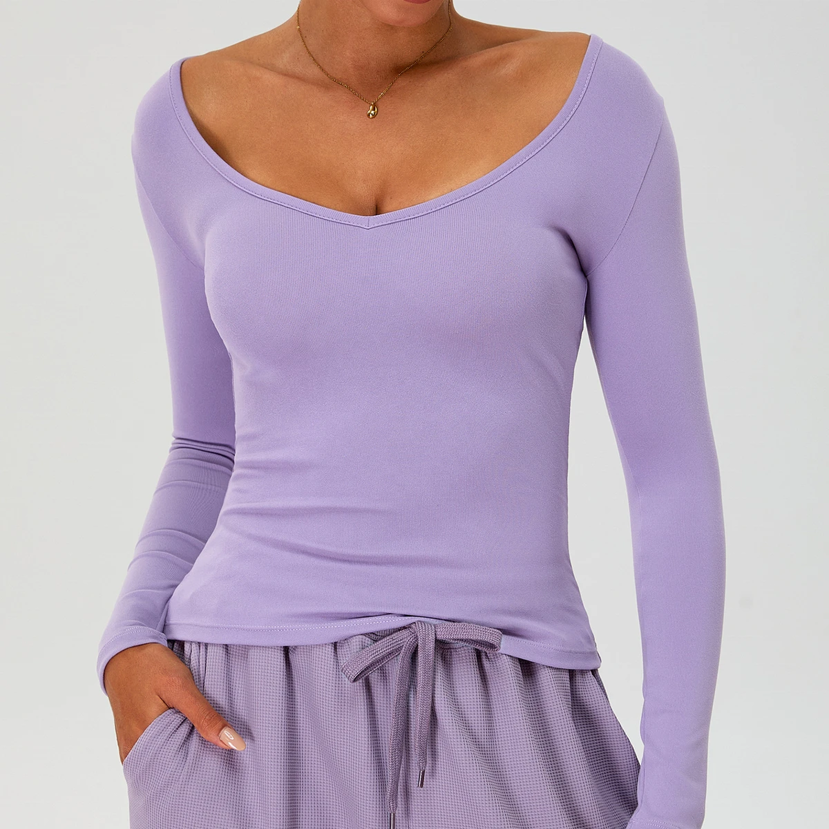 New Ribbed V-Neck Woman'S Yoga Top Slim Quick-Dry Long Sleeve Sportswear Tshirts