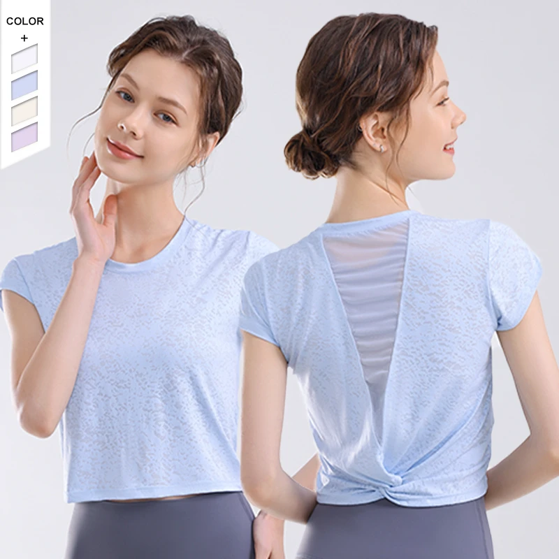 2023 New Style Mesh Stitching Round Neck Pilates Outwear Kink Design Yoga Fitness Sports T-Shirt