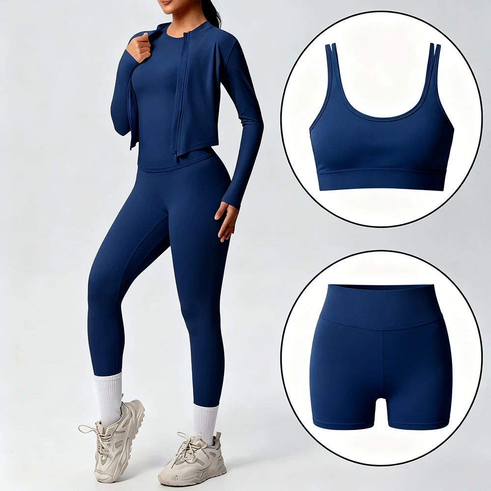 Women's 5 Piece Yoga Set Long Sleeve Zip Jacket Sports Bra High Waisted Leggings Shorts & Tank Top Stretchy Workout Activewear