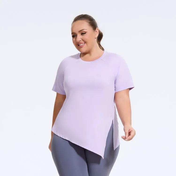 Breathable Women's Plus Size Pilates Training Top Slit Short-Sleeved Yoga T-Shirt Fitness Sportswear for Sports and Yoga