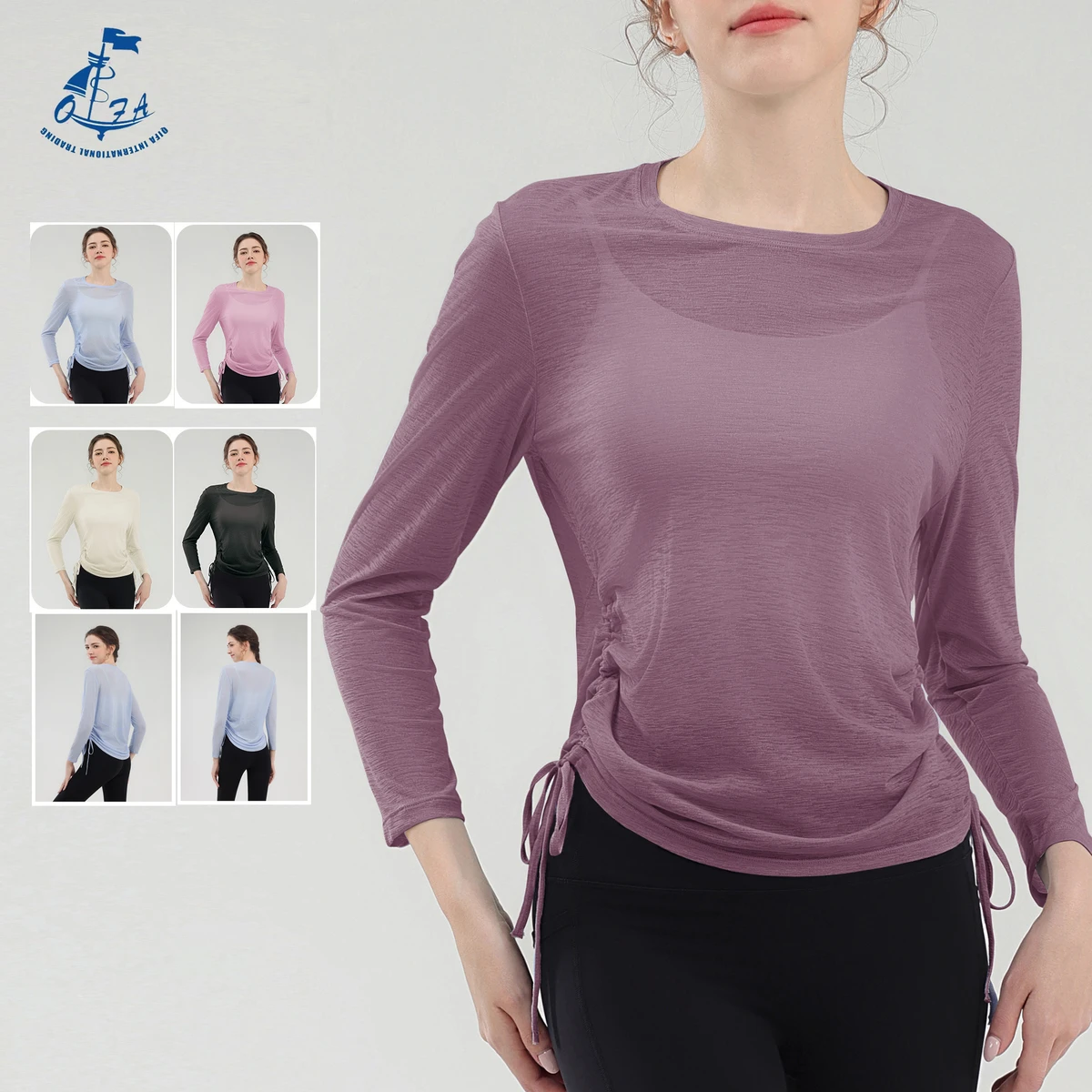 QIFA Plus Size Mesh Breathable Drawstring Long-Sleeve Top Gym Fitness Yoga Quick-Dry Sheer Loose-Fit Yoga Wear for Women
