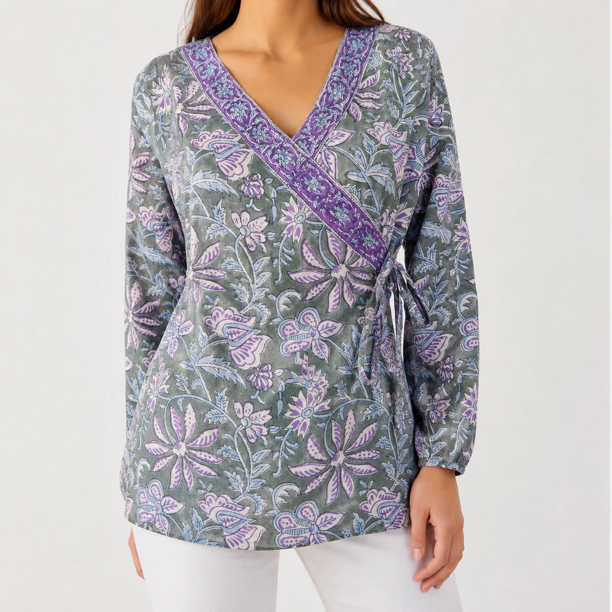 Custom Cotton Blouse Women Long Sleeve V Neck Floral Block Print Wrap Tunic Top Boho Green Purple Cotton Clothing Manufacturer