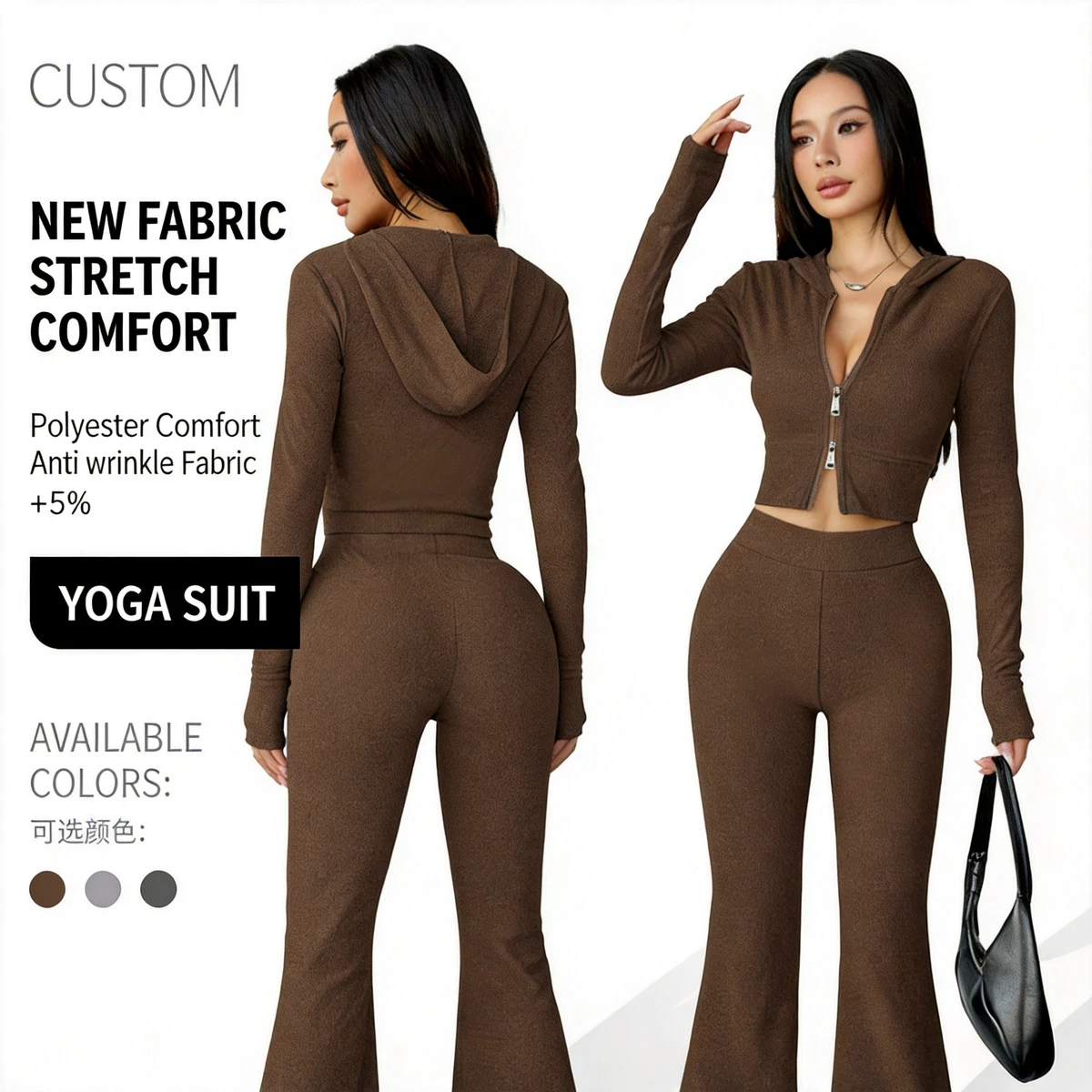 Custom Nylon Spandex Hooded Zipper Jacket and Flare Yoga Pants Set with High Waist Squat Proof Quick Dry for Gym Yoga Fitness
