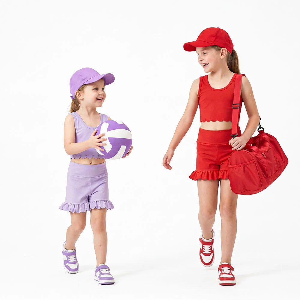Puresun RTS Custom Solid Scalloped Sports Gym Ruffle Cotton Factory Wholesale Price Summer Yoga Girls Clothing Sets