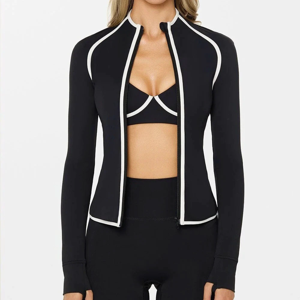 Women's Slim Fit Sports Yoga Top Breathable Full Zip Cropped Jacket with Stand Collar Front Logo for Running Sportswear