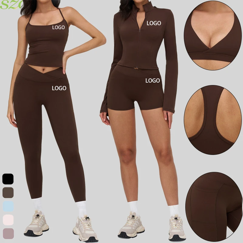 Wholesale Custom Solid Pink Breathable Backless Square Neck Sportswear Suit High Stretch Slim Fit 5 Piece Women Gym Fitness Yoga