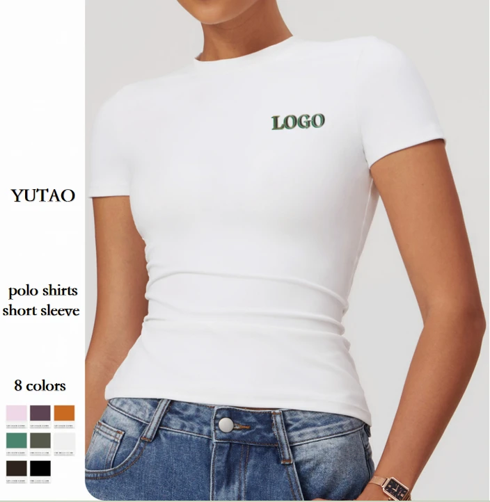 Nylon Spandex V-neck Skinny Fit Women's Polo Shirts Yoga Fitness Gym Workout Dry Breathable Four-Way Stretch Short Sleeve Top