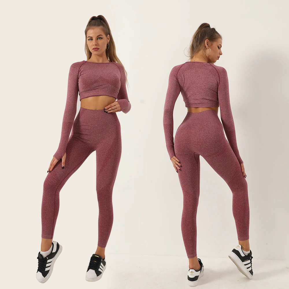 Fashion Fitness Seamless Breathable Elastic Solid Two-Piece Long-Sleeved Trousers High Waist Comfortable Yoga Leggings