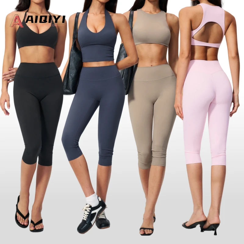 5529 Fitness Backless Women's Capri Pants & Bra 5-Piece Sport Set Tank Top Elastic Waist