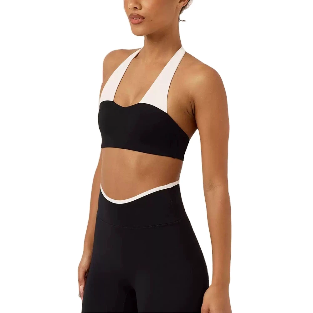 Women's Girls' Four-Way Stretch Breathable Quick Dry Two Tone Elastic Waist Compression Training Halter Sports Bra Legging Set