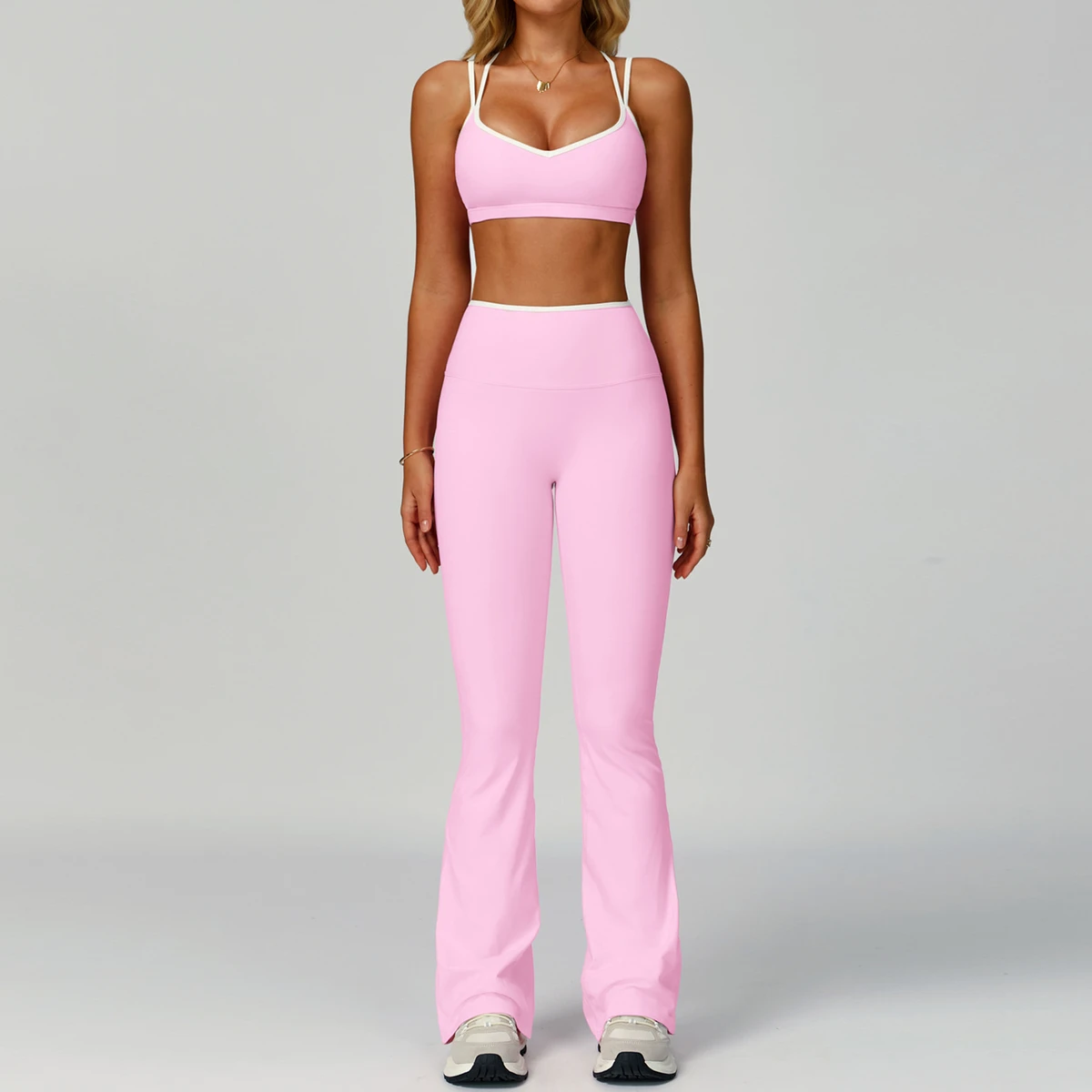 2025 Hot Sale Solid Seamless Fashion Cross Straps Bra Backless Quick Dry Low Waist Breathable Gym Fitness Flare Leggings Yoga