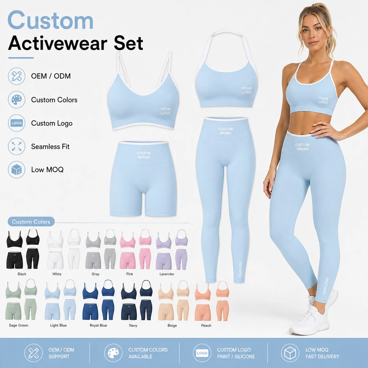 Custom Women Yoga Set 4 Piece 90 Nylon 10 Spandex Workout Outfits Contrast Trim Bra Butt Lifting Leggings Shorts Gym Wear OEM