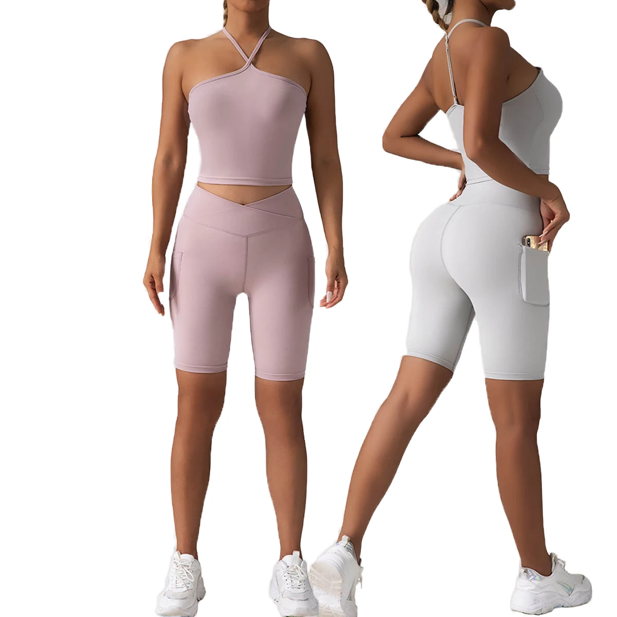 Women's Strapless Yoga Sports Set Elastic Waist High Waist Push-up Sports Workout Wear Open Back Pockets Solid Running