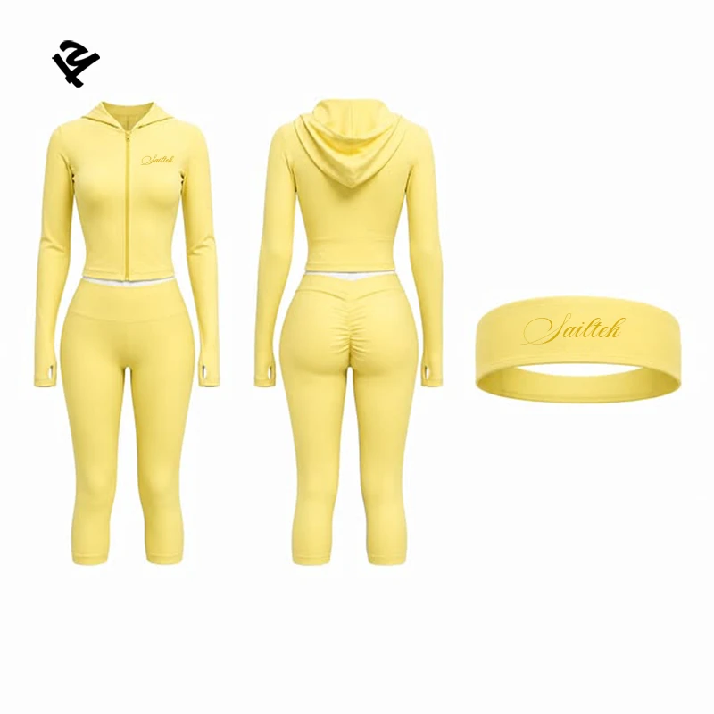 Womens Activewear Sets Zip up Cropped Hoodie Jacket Capri Leggings Headband 3 Piece Yoga Set Workout Fitness Gym Outfit