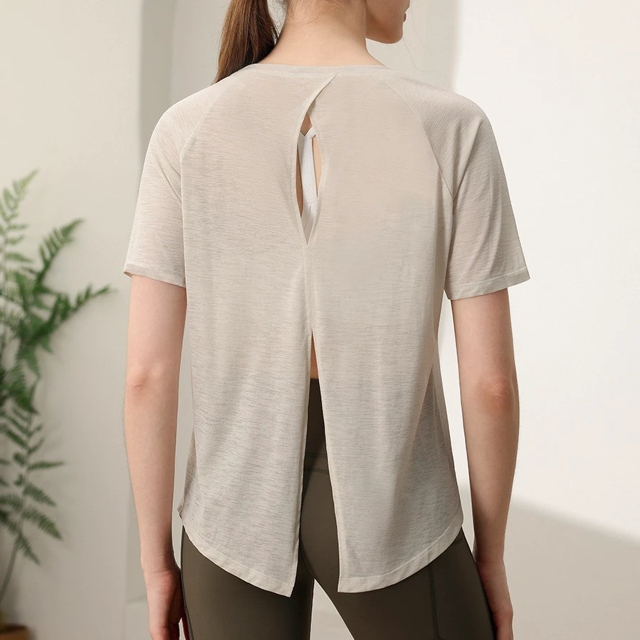 Thin Breathable Sun-Protective Fitness Workout Top Short-Sleeve Womens Crew-Neck Solid Simple Cover-Up Yoga T-Shirt Loose
