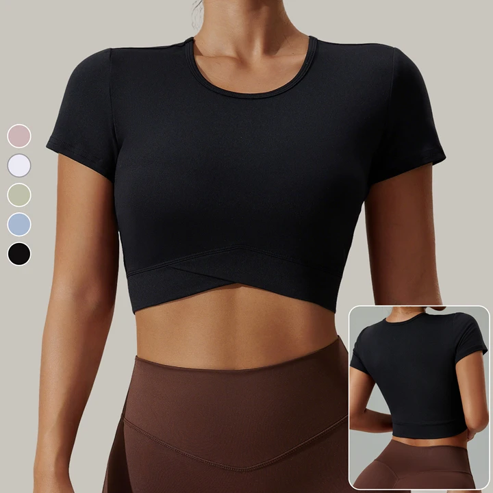 Ready Stock Sexy Breathable Lightweight V-Hem Short Sleeve Yoga Crop Top High Elastic Soft Gym T-Shirt for Women Crop Top Shirt