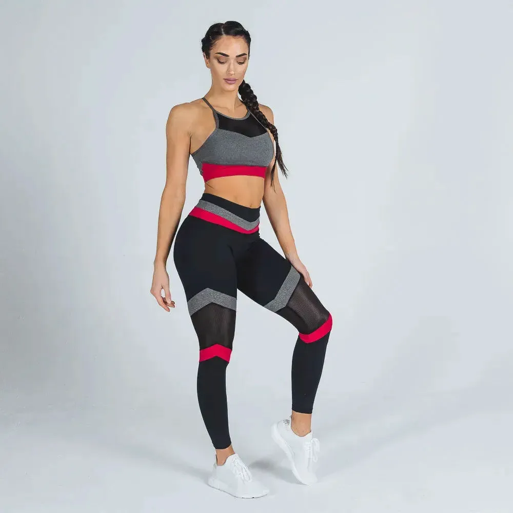 Mesh Knee Design Women's 2-Piece Gym Fitness Yoga Suit Sports Active Wear High Waist Compression Bra & Legging Ladies Yoga Sets