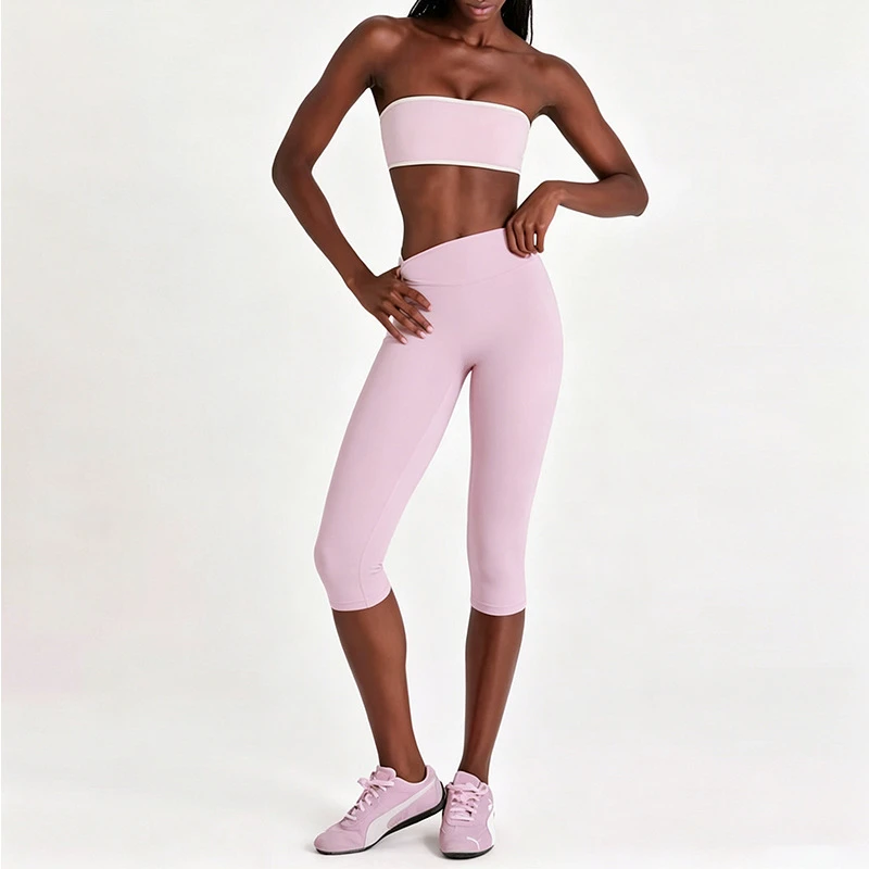 2026 New Custom Activewear Womens Color Blocking Tube Top Bra And Capri Pants Quick Dry Running Gym Fitness Yoga Sports Sets