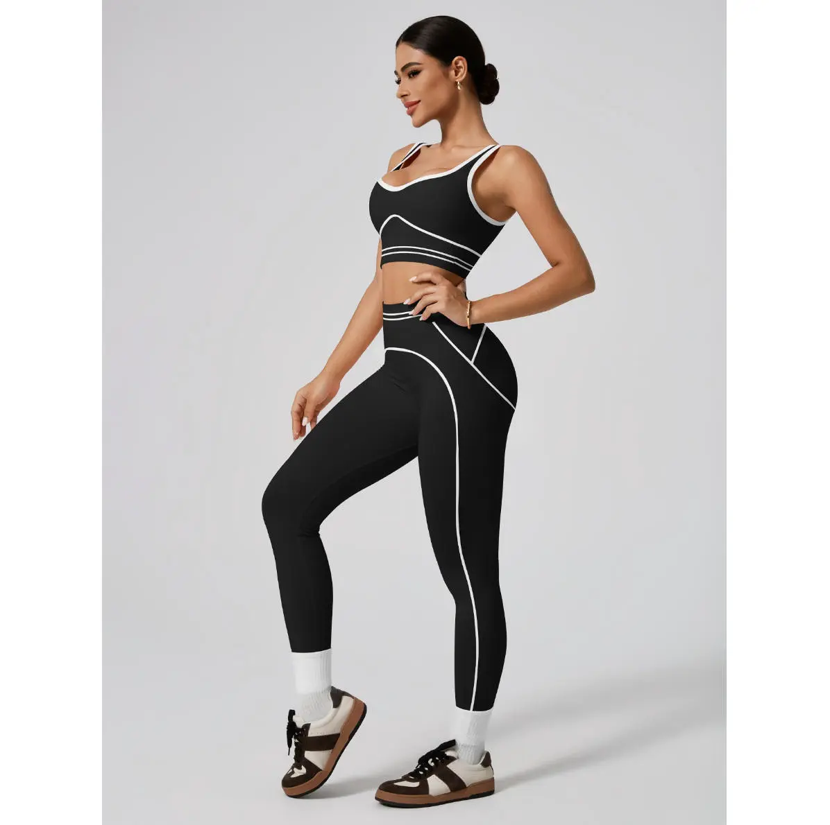 Women's Color Block Breathable Yoga 2-Piece Set Sleeveless Sports Vest High Waist Hip Lifting Leggings