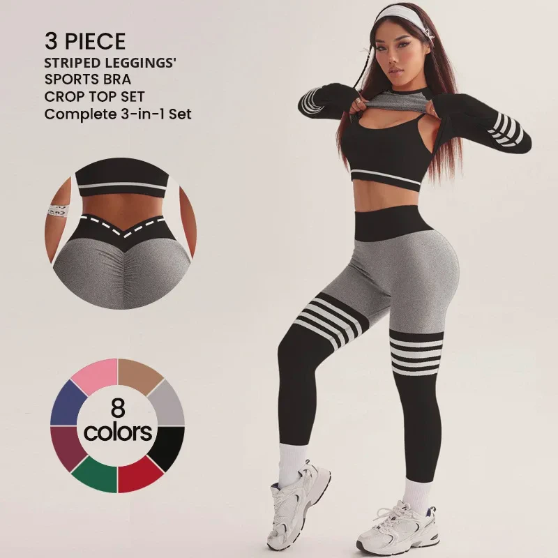3PCS Women Sports Sets Bra Line V Back Leggings Gym Outdoor Running Training Yoga Suits Long Sleeve Tights Elastic Suits