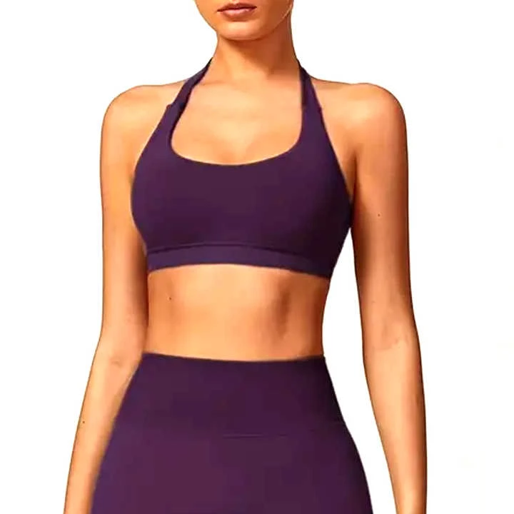 Latest Women Halter Sports Bra Solid Purple Medium Support Breathable Eco-Friendly Sweat-Wicking Yoga Activewear Front Fit for