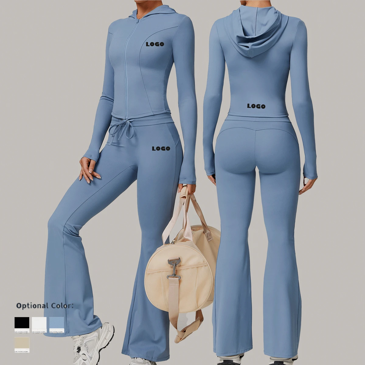 Zipper up Hooded Jacket Flare Pant 2 Piece Yoga Set Outer Wear Sun protection Coat Long Sleeve High Rise Legging Women Yoga Set