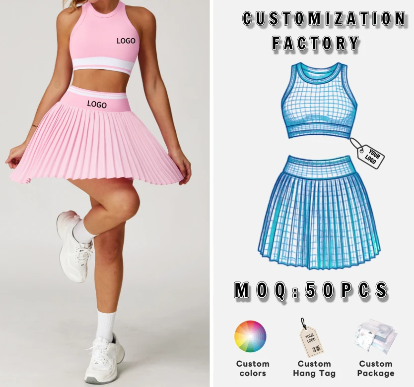 Custom Wholesale OEM Private Label Design-Style Sports Bra Pleated Skirt Pocket Set Yoga Gym Fitness Set Four-Way Wtretch