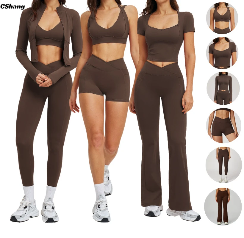 Custom Logo Solid Breathable Gym Sports Apparel High Support Bra Tshirt Elastic Waist 6 Pieces Set Long Sleeve Yoga Jacket