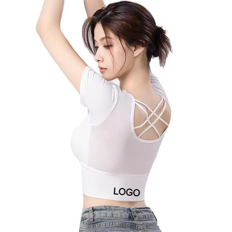 Support Custom Logo Cross Back Yoga Crop Top Women's Short Sleeve With Built-in Bra Plus Size Quick Dry Activewear