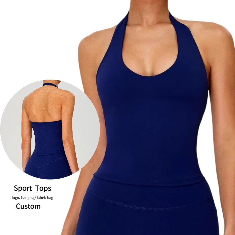 Women's Halter Neck Backless Sports Bra Nude-Feel Yoga Tank Top Quick-Dry Breathable Running Fitness Sports Vest with Pads