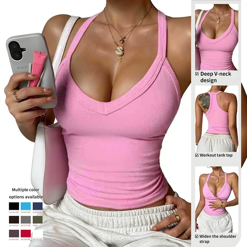 Sleeveless Cami Top V Neck Sports Running Tank Tops Racerback Design Yoga Top Sweat-Wicking Breathable Workout Shirt