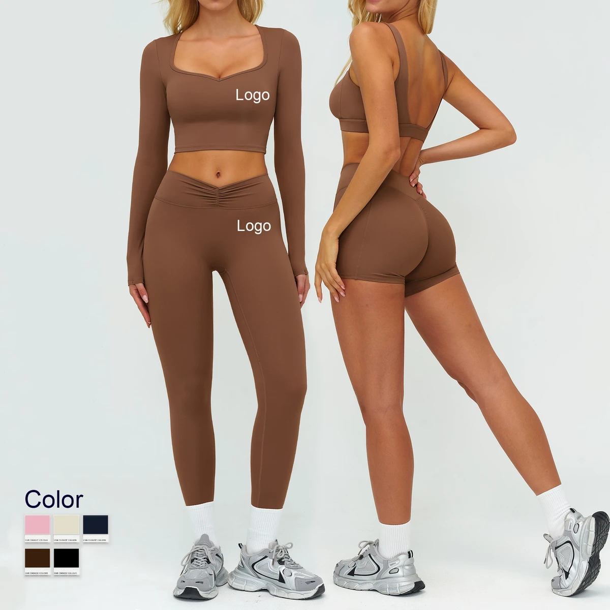 Wholesale Outdoor Sports Suit 6-Piece Hollowed-out Long Sleeves Yoga Bra High-waisted Folds Leggings Yoga Set