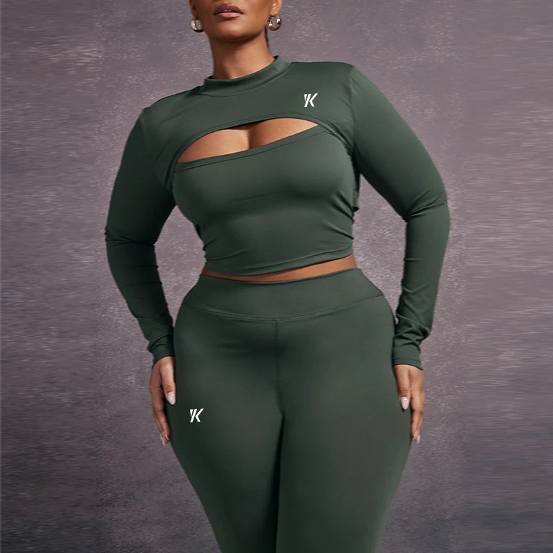Plus Size Long Sleeve Top Sports Bra Two Piece Yoga Leggings Girls Outfit Workout Clothes Active Wear Women Gym Fitness Set