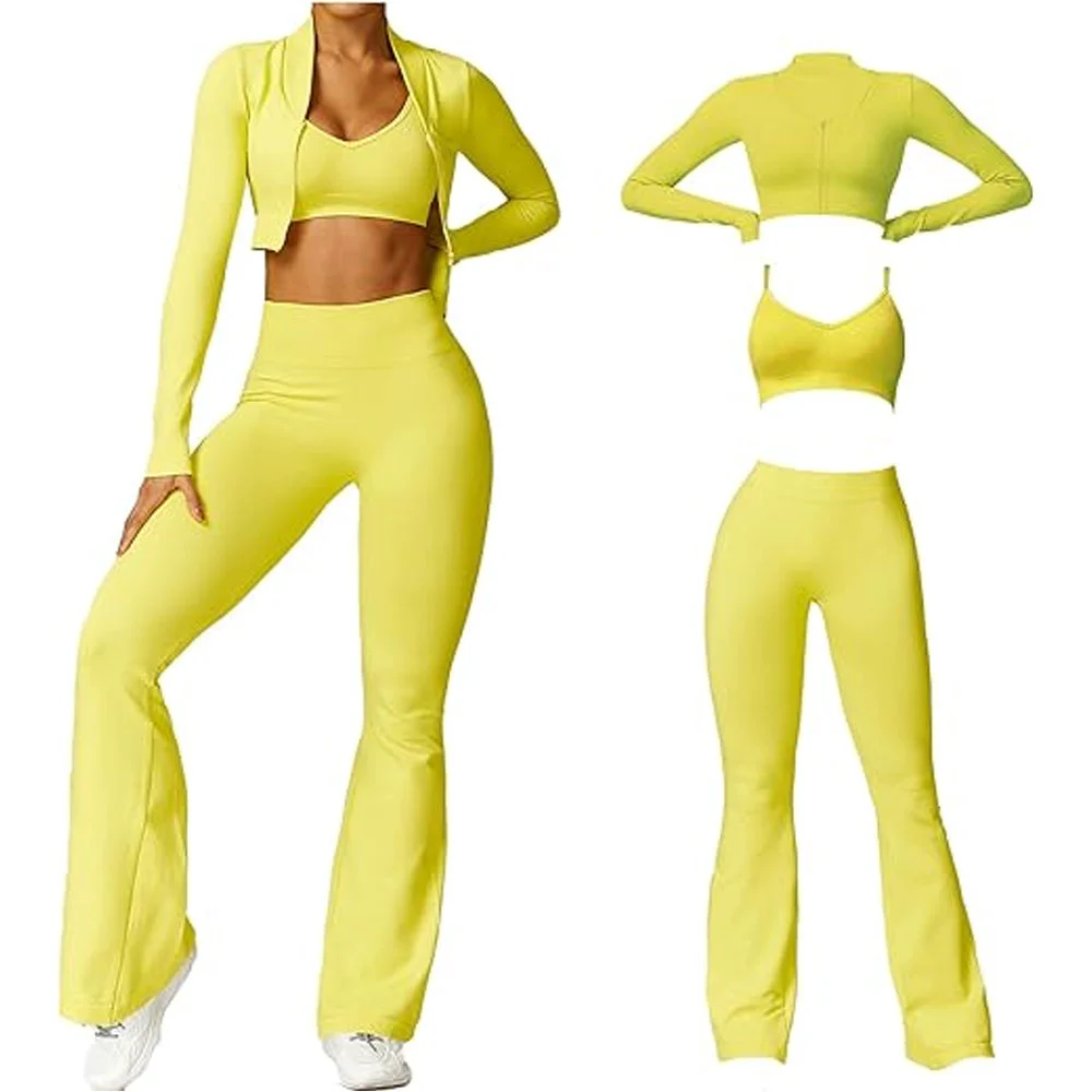 Women's Solid Customizable 3 Piece Workout Set Seamless Breathable High Waist Flare Shorts Sports Bra Zip Jacket for Gym Yoga
