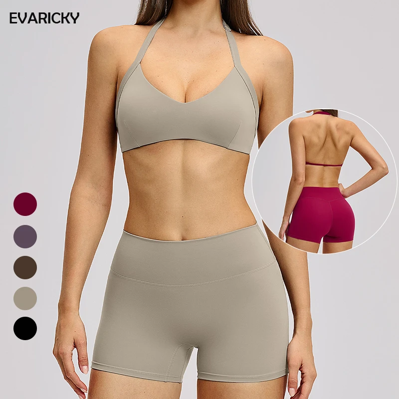 EVARICKY Wholesale 2 Pieces Workout Fitness Sportswear Halter Sports Bra Gym Yoga Set Women Breathable Biker Shorts Yoga Suit