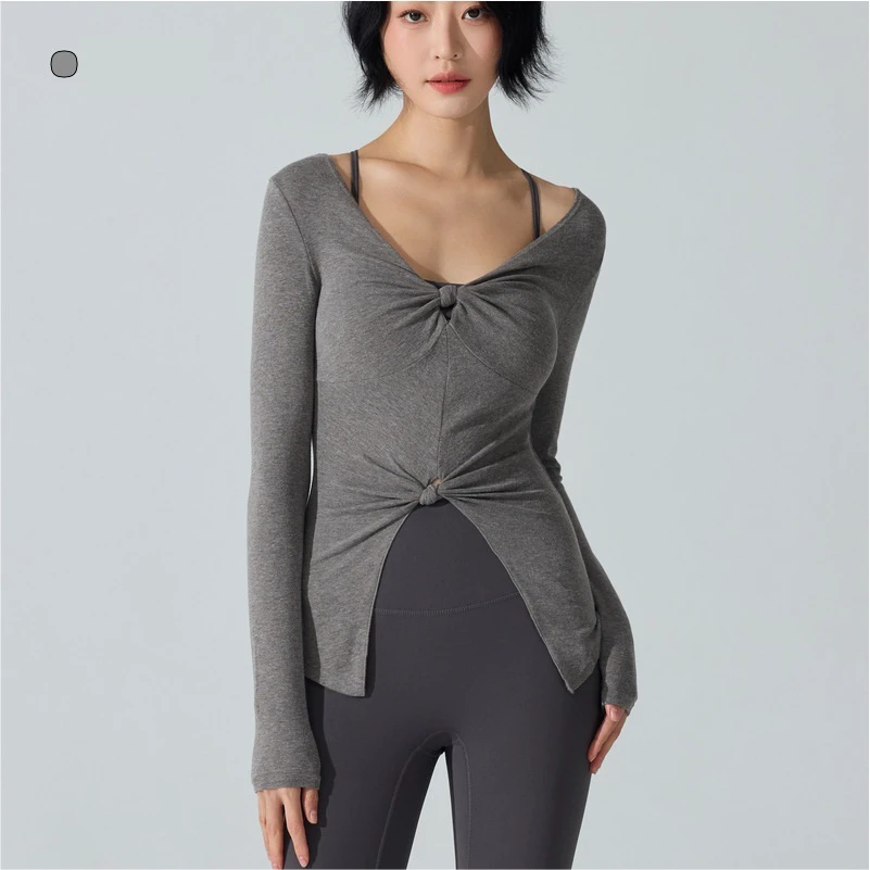 Slim Fit V-Neck Yoga Top for Women Lightweight Breathable Soft Double Twist Long Sleeve Sports T-Shirt