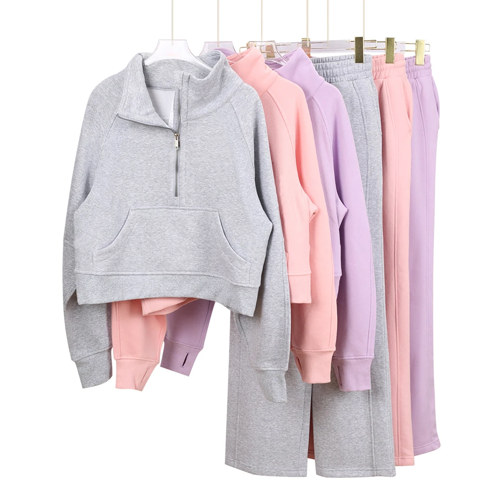 New Women's Yoga Set - Half Zip Stand Collar Cropped Hoodie High-Waist Straight Leg Pants Stretchy Workout Outfit 2 Piece