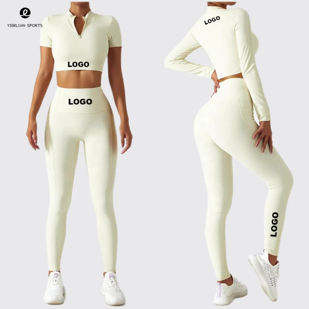 2022 Women's Breathable Zipper Long Sleeve Two Piece Yoga Wear Womens Sportswear Workout Outfits 2 Pieces Yoga Short Pants Sets