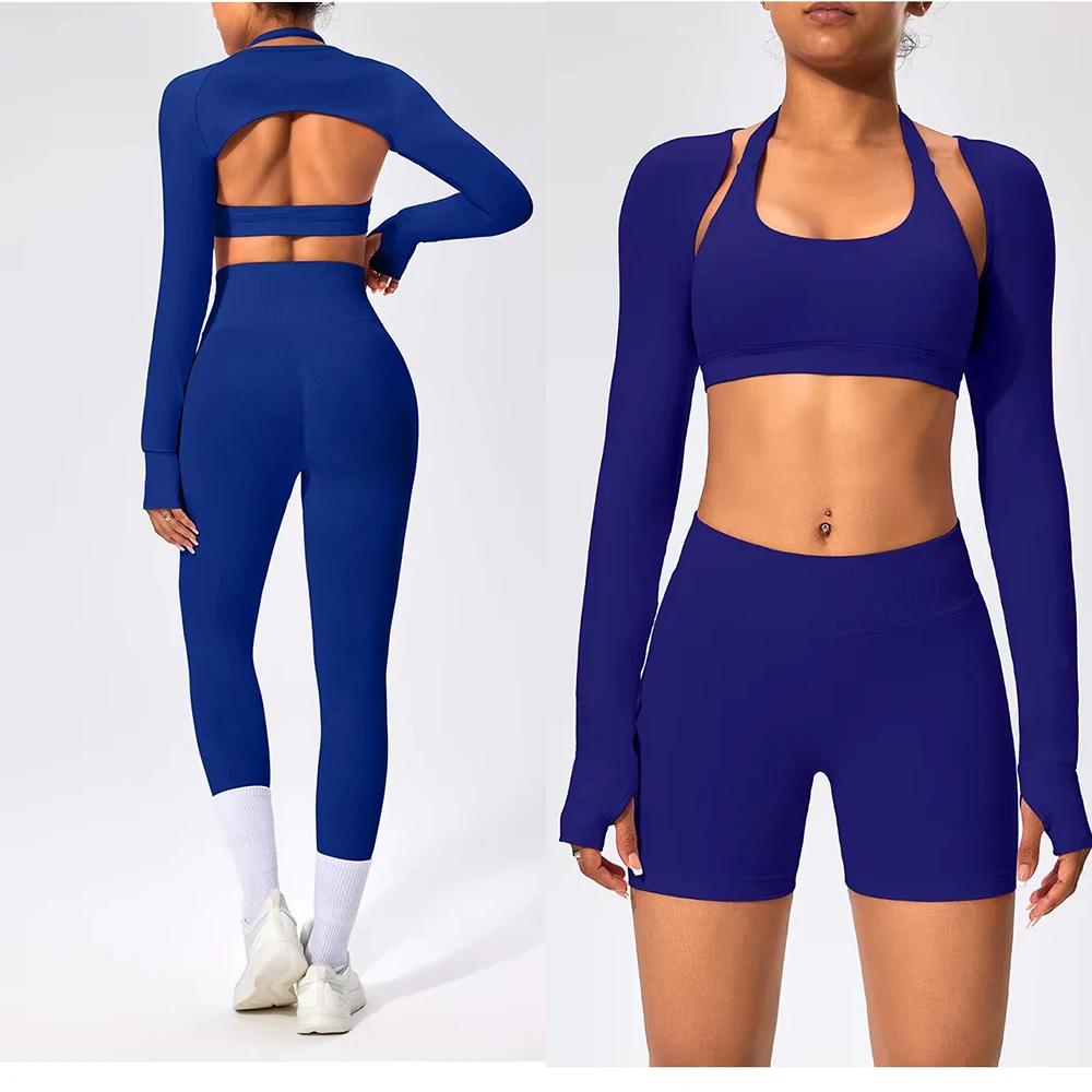 HUACHEN Gym Clothes Breathable Anti-Bacterial Quick Dry 4pcs Fitness Set High Waisted Leggings Plus Size Workout Yoga Front