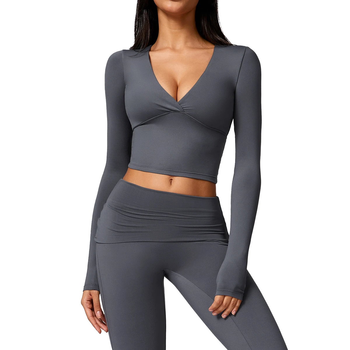 New Women's Deep V Sexy Leisure Sports Long Sleeve Top Tight Pure Want to Show Thin Yoga Clothing Outdoor Sports Fitness Clothes