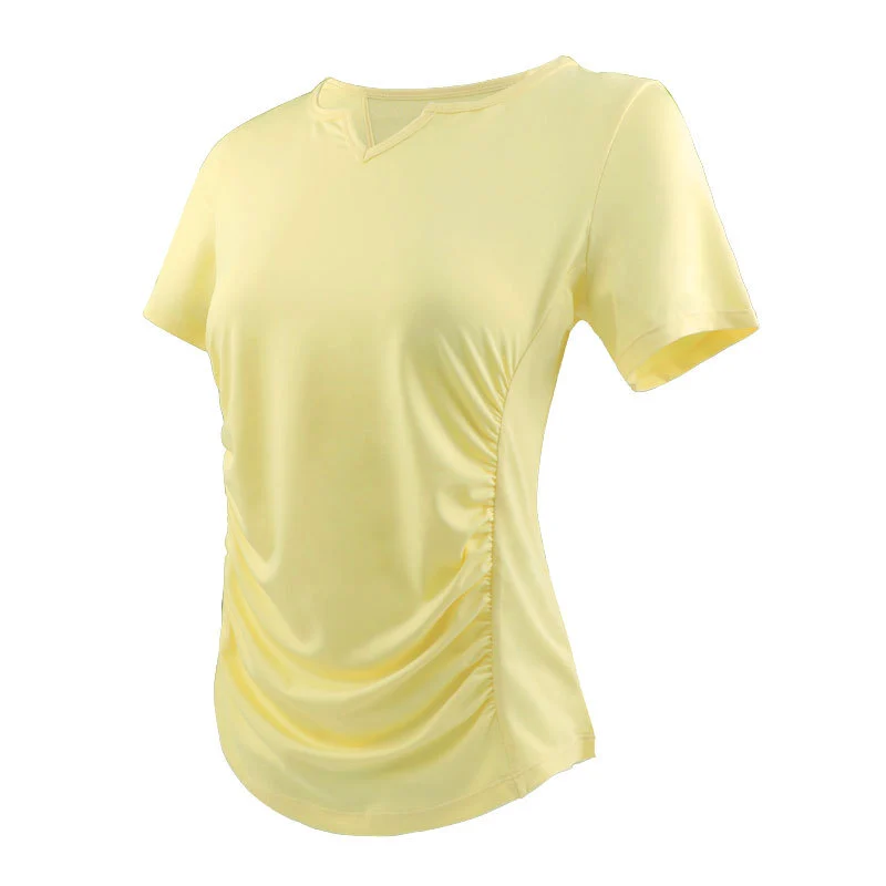 Women's Summer Casual Sports Top Solid Breathable Knitted Quick-Drying V-Neck Fitness Training Pilates Yoga T-Shirt Skinny Fit