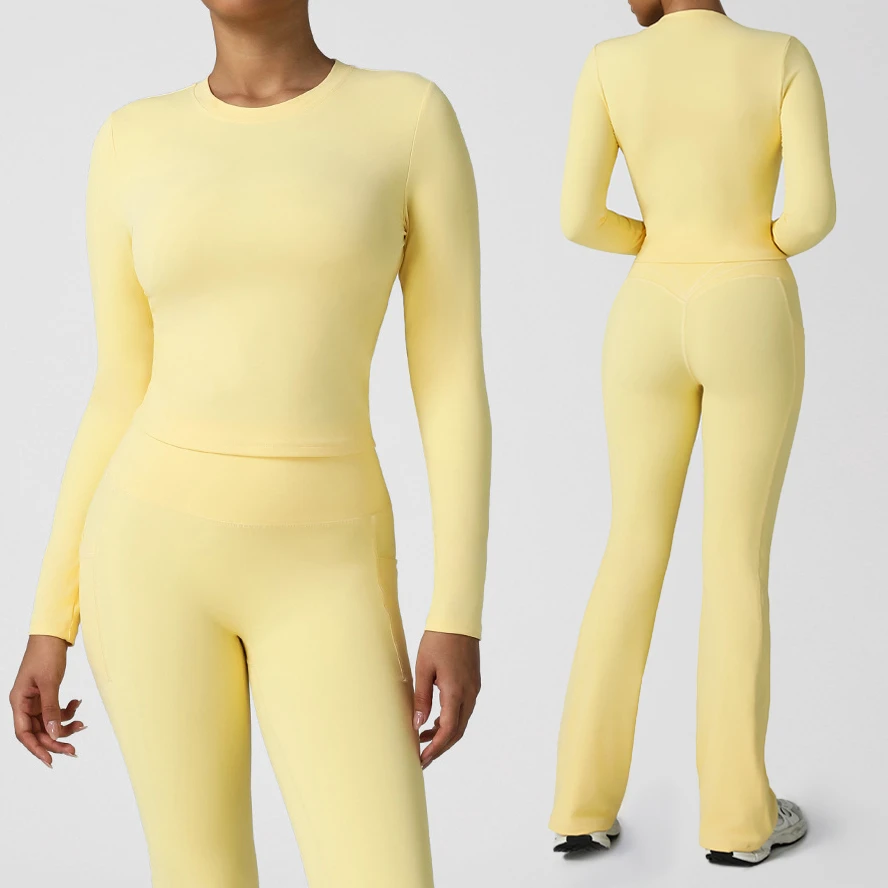 XW-LD0002 Gym Wear High Elastic Tight Yoga Clothes Jogging Slim Long Sleeve Shirt Knitted Sports Fitted Tops for Women