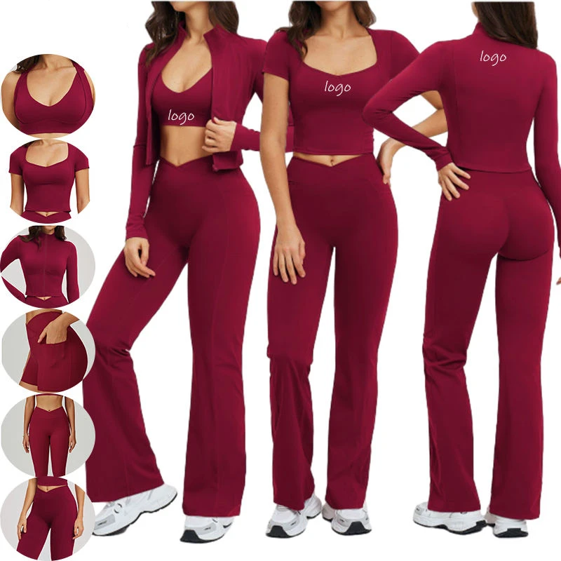 Women's Solid Color High Stretch Workout Sets with Zippers & Elastic Waist 6-Piece Gym Active Wear for Yoga Sets