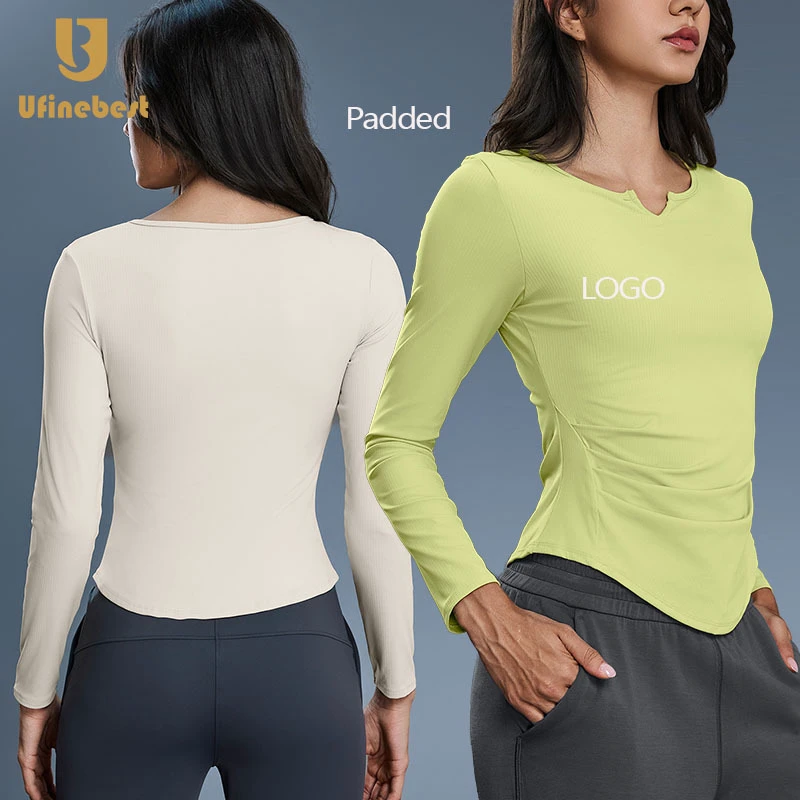 Women's New Fashion Long Sleeve Yoga Top V-Neck Chest Padded Slimming Sports Running Fitness Breathable Lightweight t Shirts