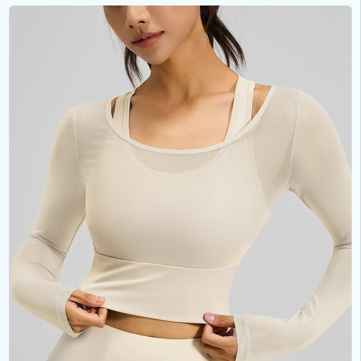 New Style Breathable Lightweight Plus Size Net Fabric Two-piece Yoga Top Without Bra for Exercising and Fitness Long Sleeve