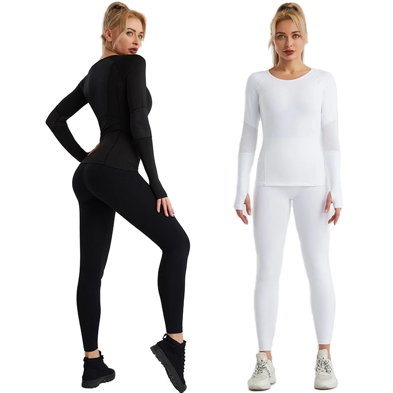 New Solid Women's Yoga Suit Set Elastic Waist Front Breathable Long Sleeved Quick Drying Spandex/Nylon 2-Piece High Waist