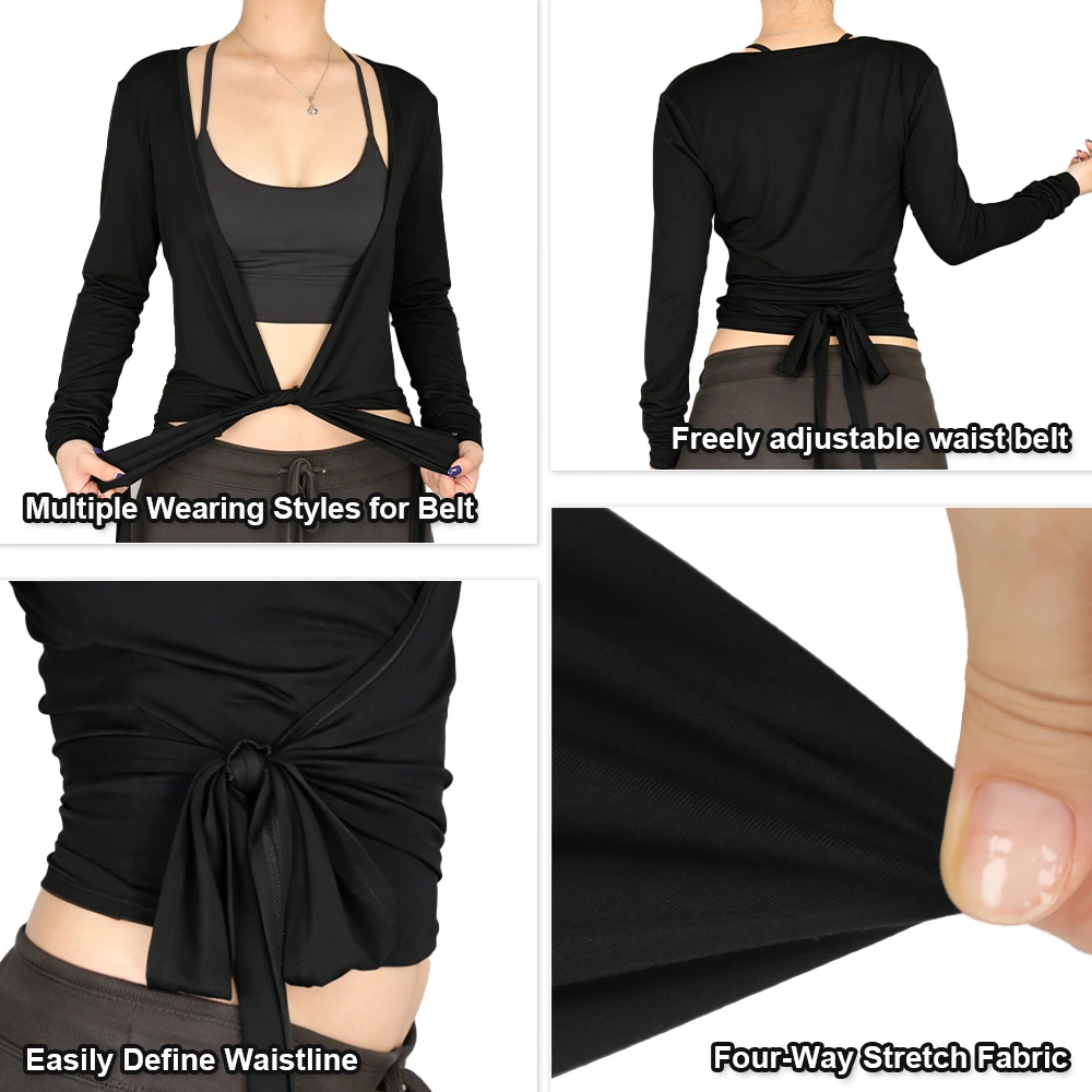 Women Solid Color Long Sleeve Wrap Yoga Top Deep V Neck Tie Waist Cropped Fitness Soft Stretchy Breathable Quick Dry Front Low