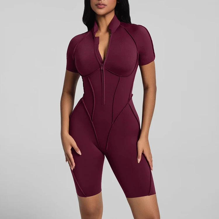 Custom One Piece Workout Bodysuit Backless Sports Romper Zippered Front Breathable Gym Fitness Jumpsuit for Women Yoga Jumpsuit