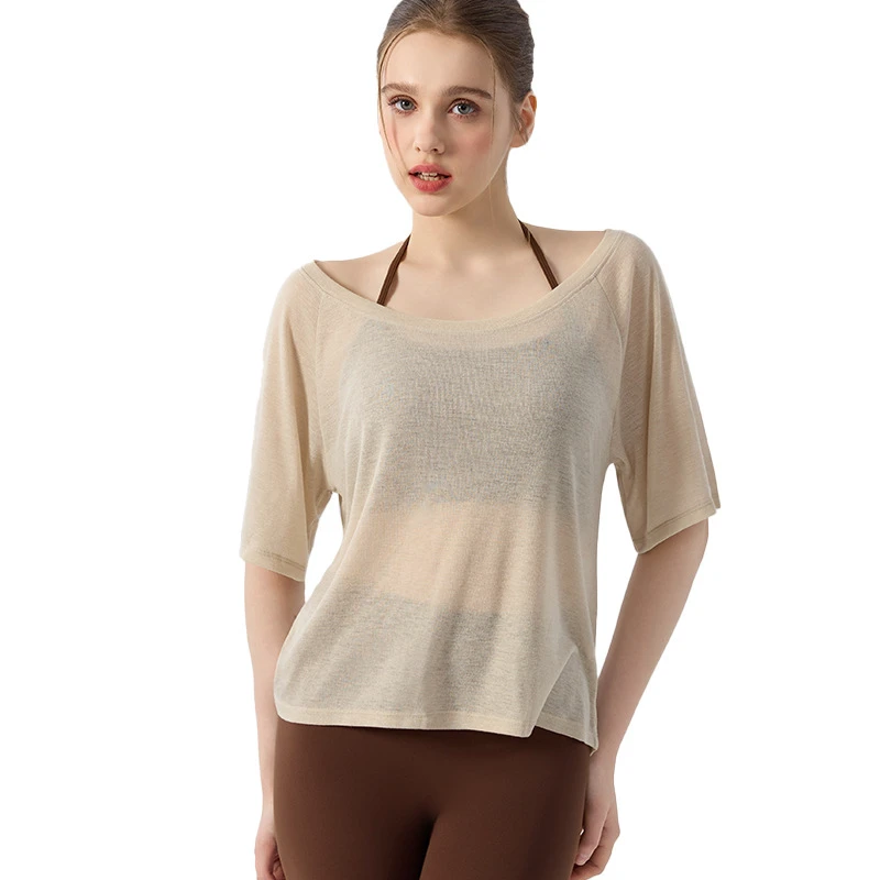 Casual Summer Yoga Tops Five-quarter Sleeve Women's Crew-Neck T-Shirt Loose Simple Breathable Versatile